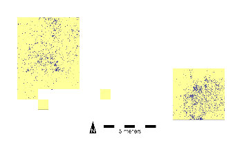 A partial map of chipped stone artifacts recovered from Barger Gulch Locality B, Colorado.